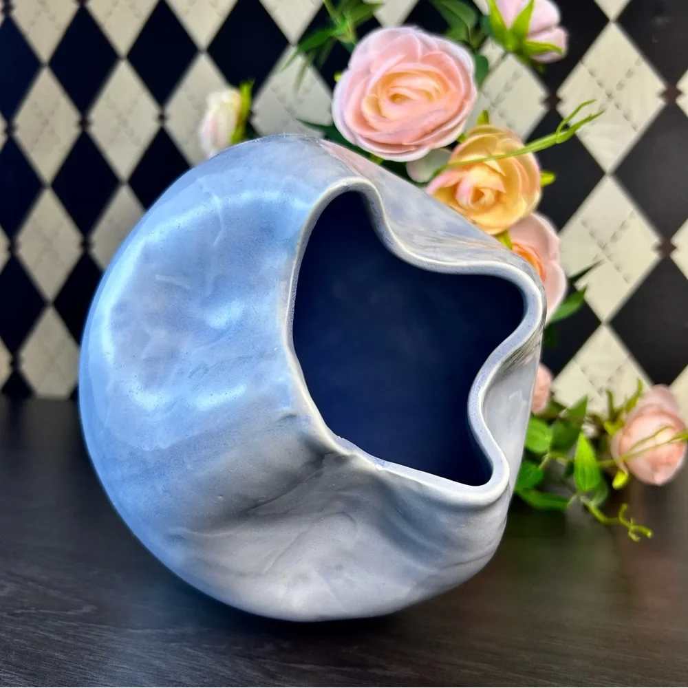 Large Wabi‎ Sabi Studio Pottery Vase Sculptural Ceramic Pinched Rim Blue White